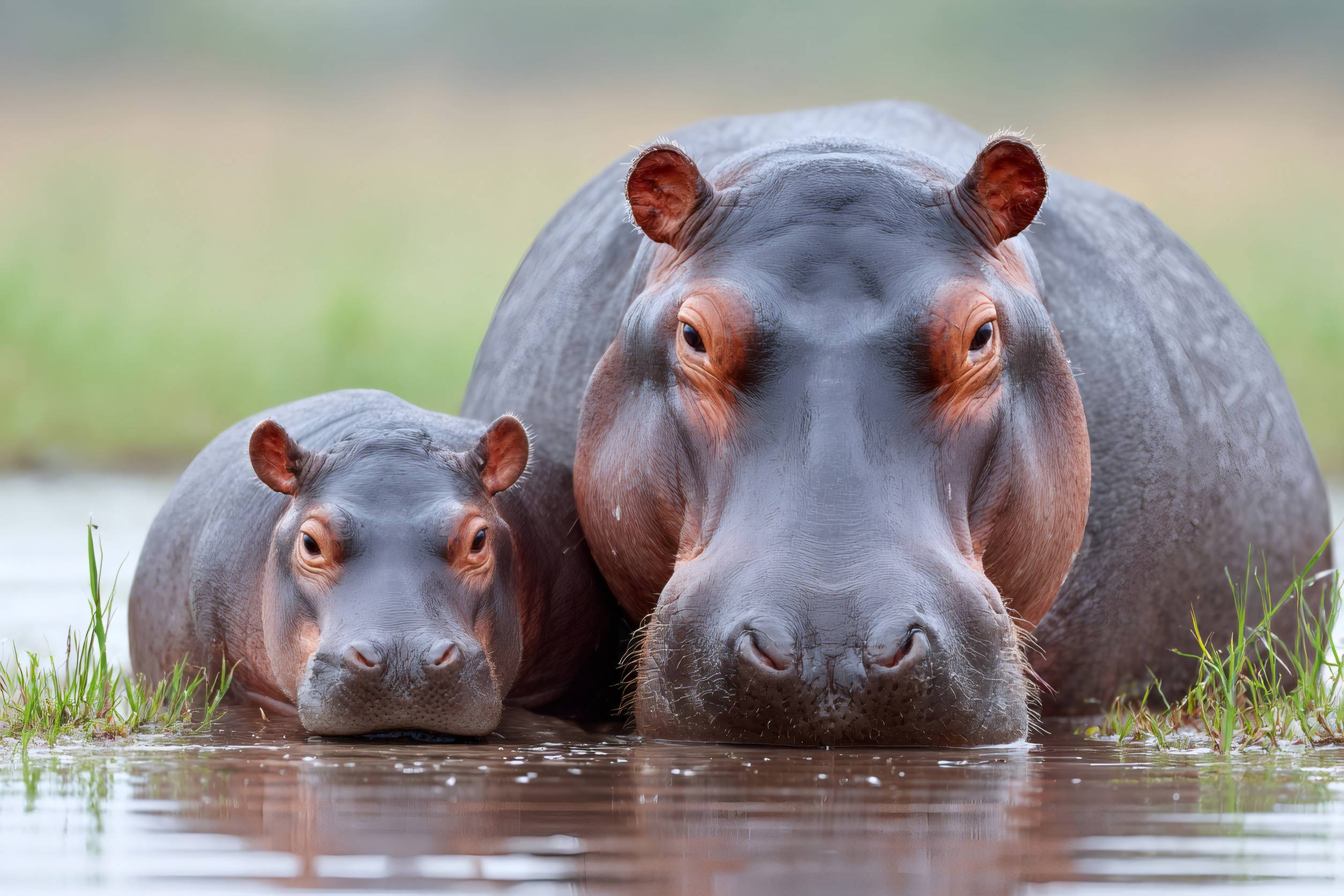 Adult And Young Hippos Resting
