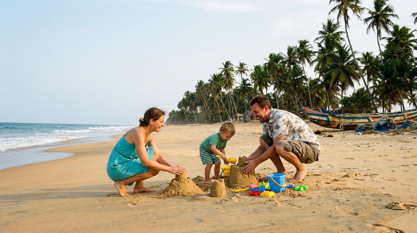Family building sandcastles at Grand-Bassam Beach