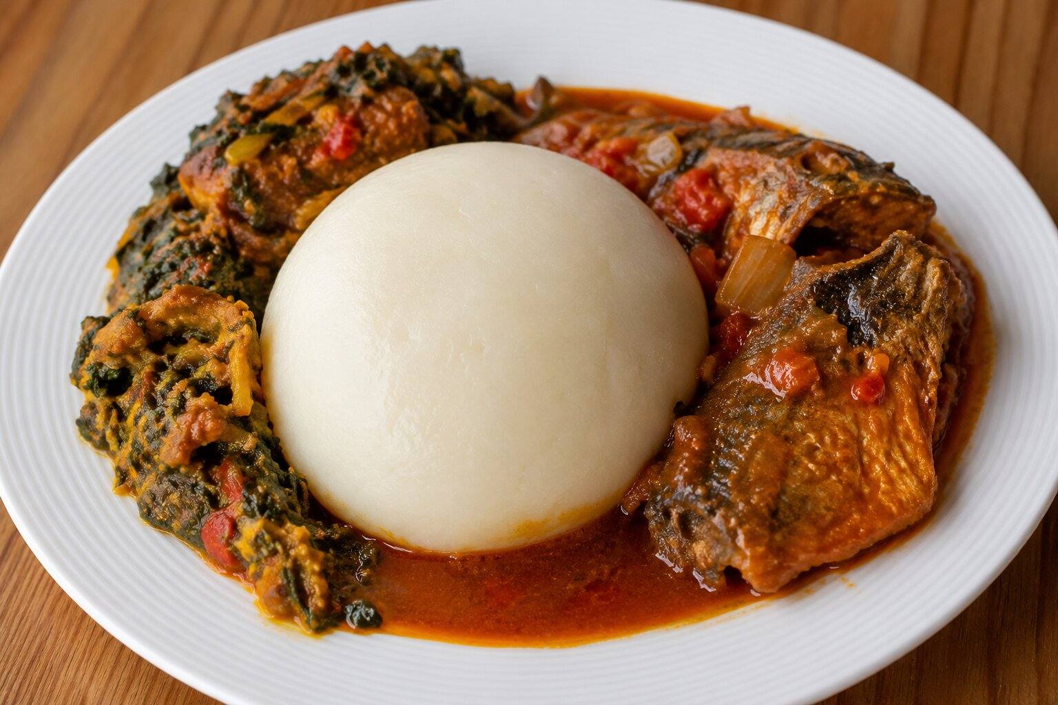 Ivorian foutou served with sauce 