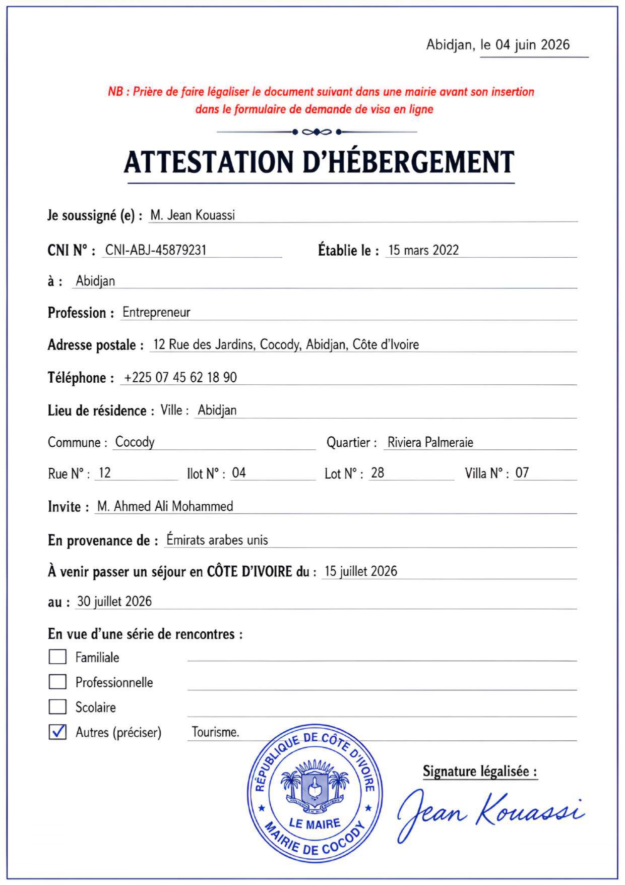 Ivory Coast Accommodation Certificate