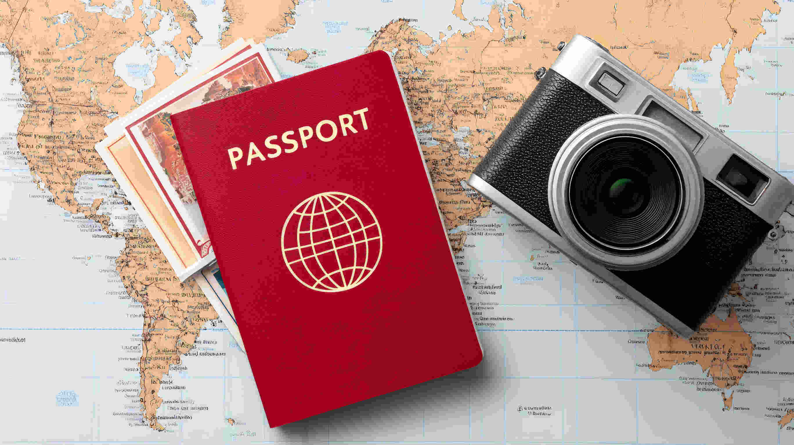Red Passport Postcards And Vintage Camera