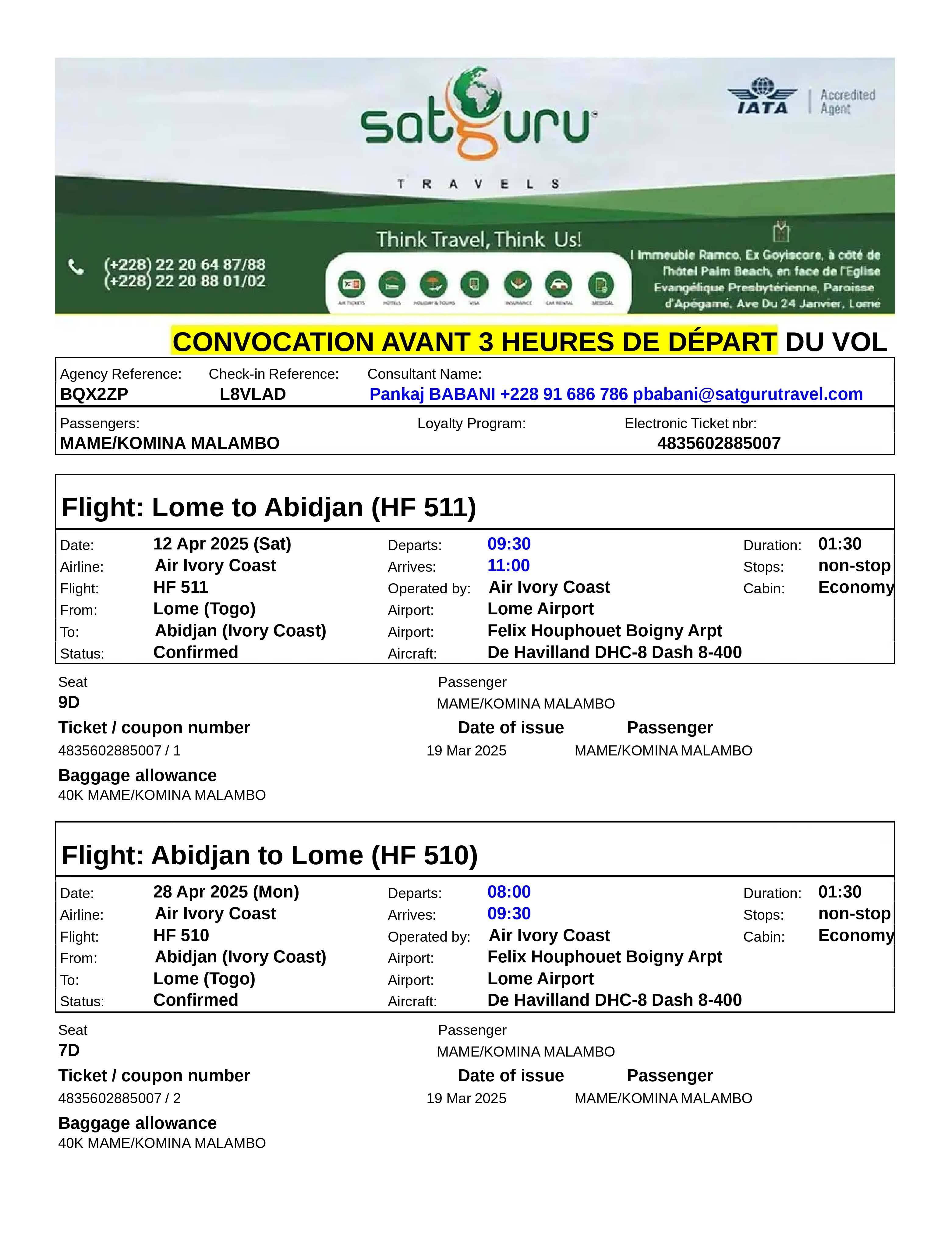 Return Flight Ticket Ivory Coast